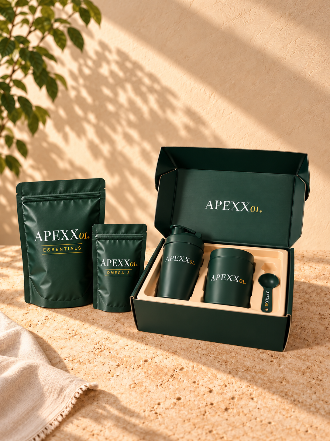 APEXX01 Essentials met het premium welkomstpakket: bewaarpot, shaker en premium maatschep