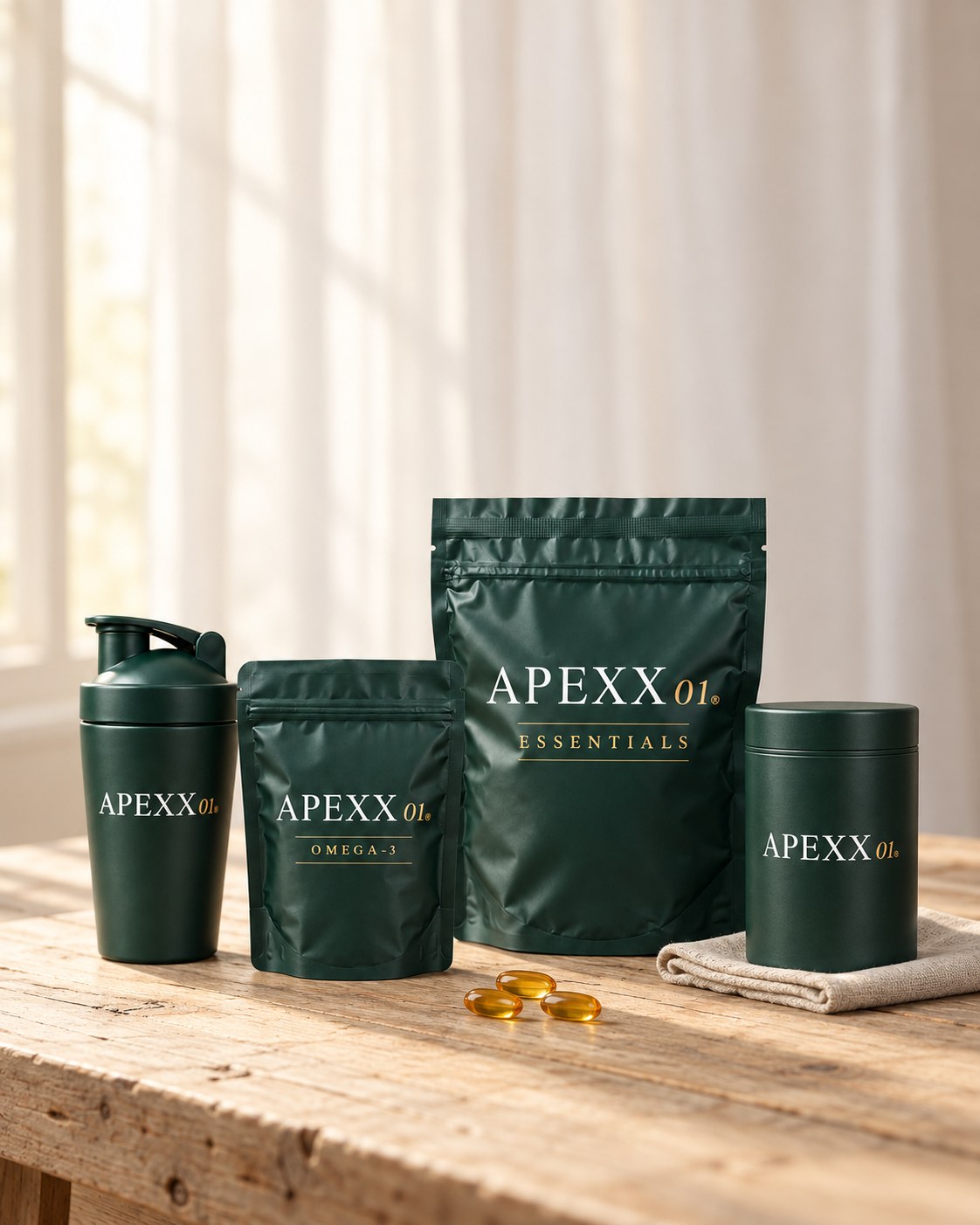 APEXX01 Essentials, Omega-3, shaker en bewaarblik op een houten tafel